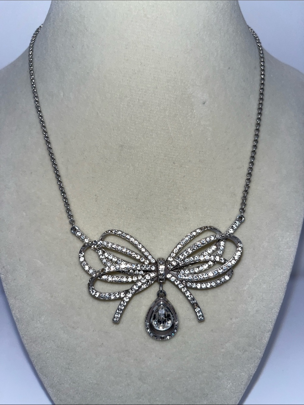 Brighton Silver Bow Necklace with Clear Teardrop Crystal Brighton